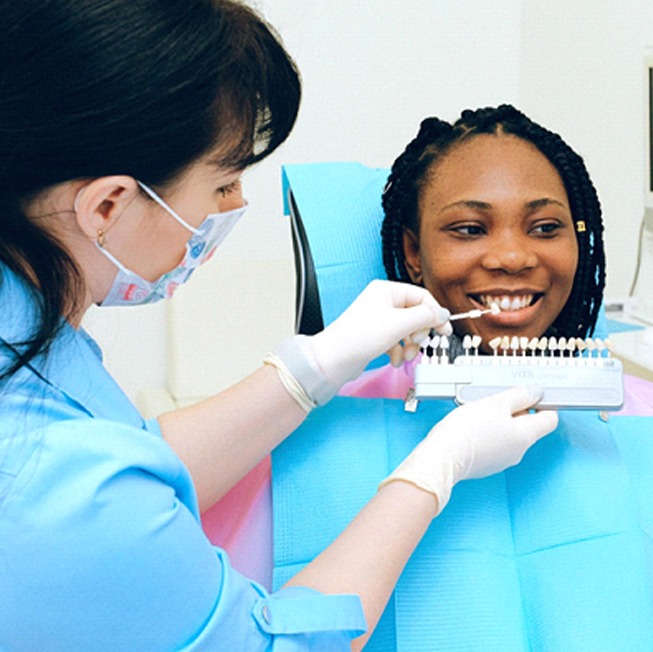 Dentist using shade quide