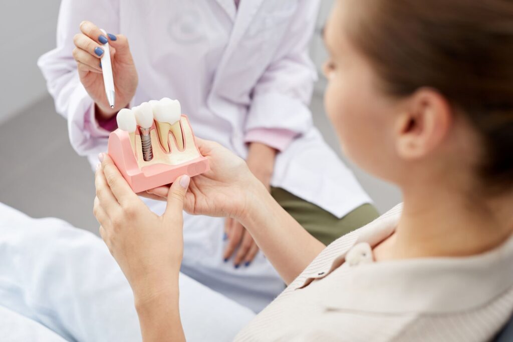 A female dentist showing a woman a model of a dental implant.